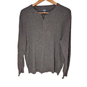 J.Crew Mens Henley Sweater Large Brown Marled Knit Long Sleeve Button Neck L